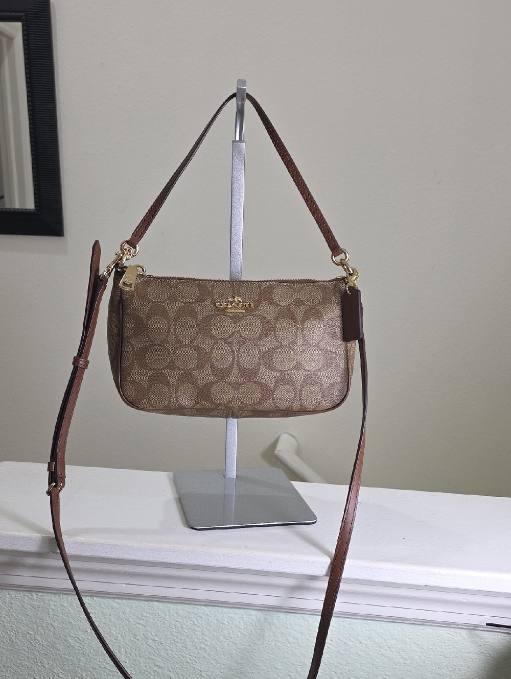 COACH F58321 Top Handle Pouch Crossbody Bag in Khaki/Saddle/Gold Like New